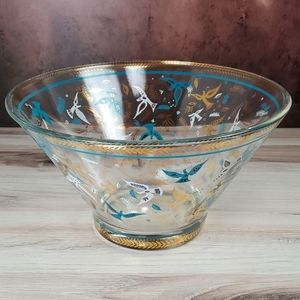 Decorative Glass Serving Bowl with Teal and Gold Bird Motif